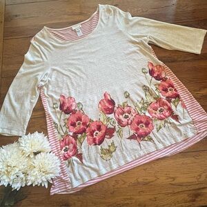 J Jill Poppy Floral Print Border Striped Tunic Peplum Back 3/4 Sleeve Top Medium